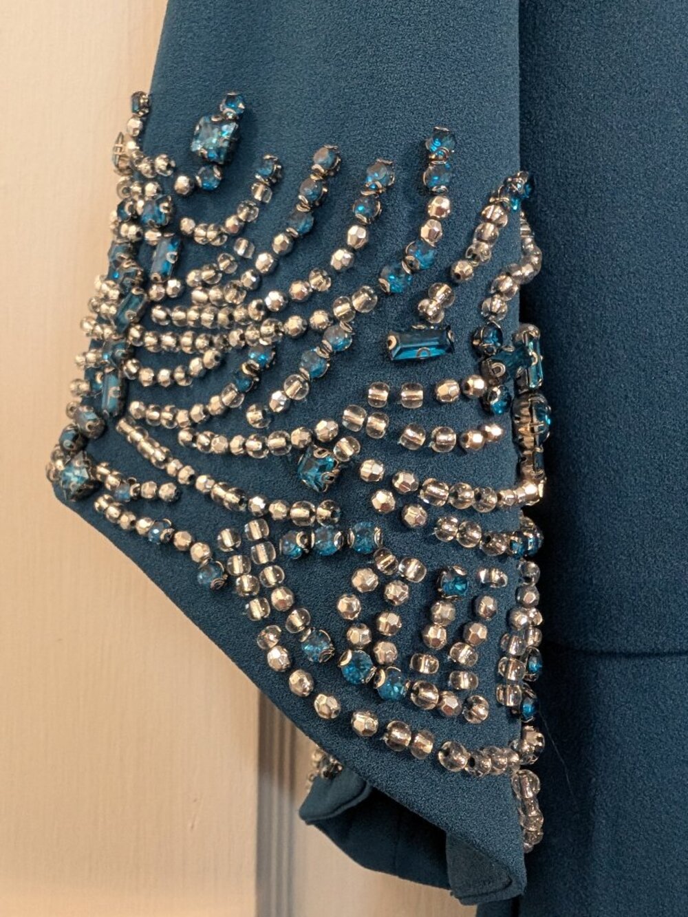 Beaded 3/4 sleeve stretch crepe column dress teal